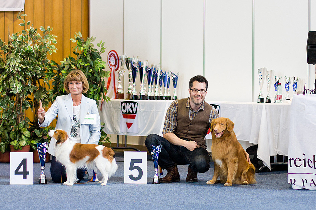 Edison sitzt als Fünftplatzierter neben dem Viertplatziertem, dem Kooikerhondje »Time For Tany vom Tespelkooi«