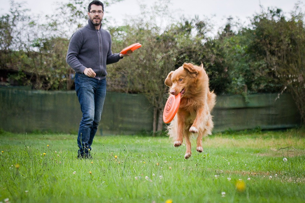 Edison fängt eine Frisbee in der Luft, Stephan beobachtet das ganze von hinten