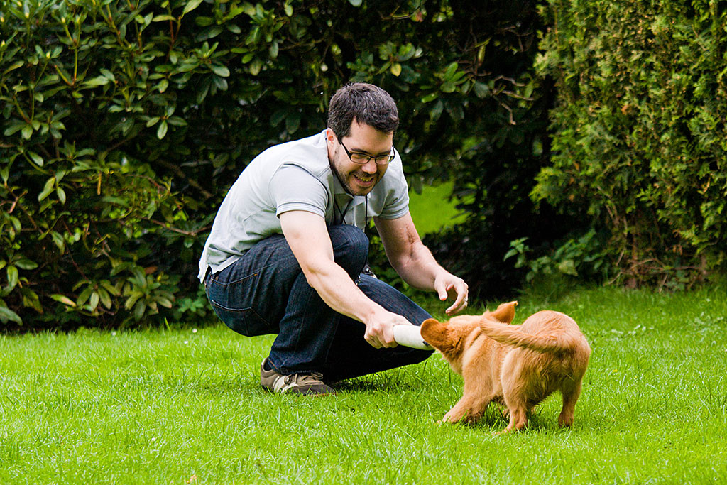 Edison zerrt mit mir am Spielzeug