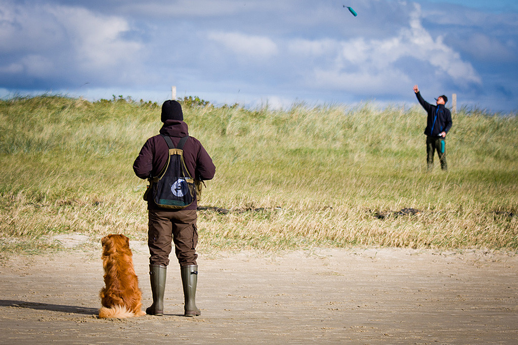 Edison sitzt neben Stephan am Strand, beide schauen dabei zu, wie Thomas im angrenzenden Gras eine Markierung wirft