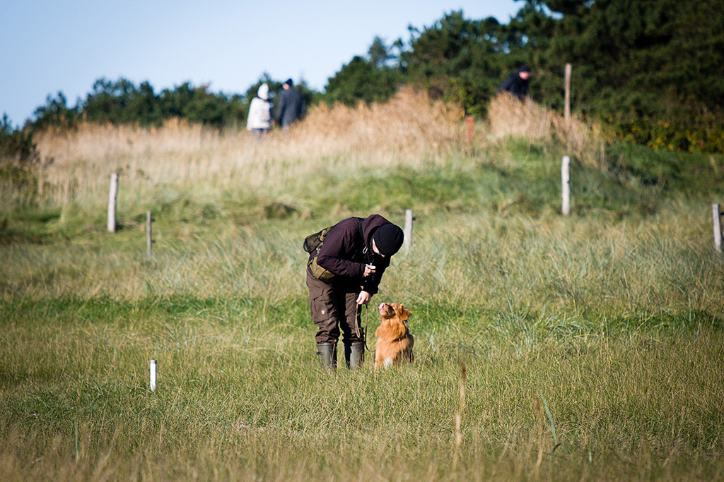 Edison schaut im Gras sitzend zu Stephan hoch, der sich zu ihm runterbeugt