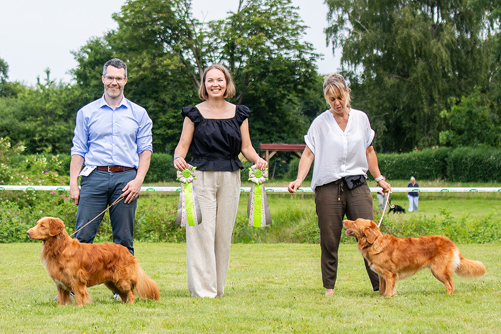 Newton posiert an Stephans Seite fürs Siegerfoto, daneben steht die Richterin sowie die BOS-Hündin mit ihrer Besitzerin