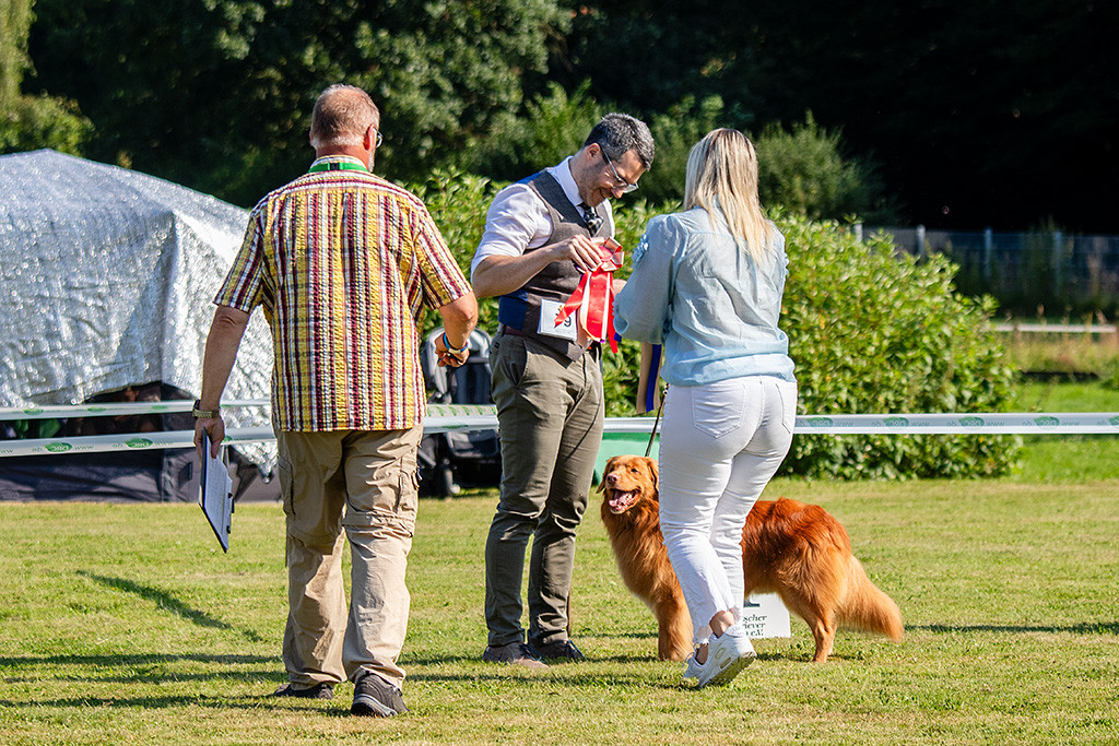 Edison lächelt während Stephan sich freut, weil er die Gewinnerschleife überreicht bekommt von der Richterin