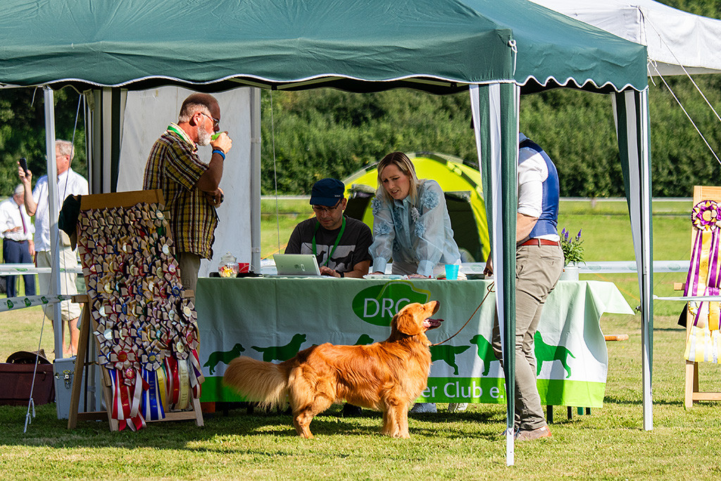 Newton steht unter einem Pavillon vor dem Richtertisch, wo die Richterin den Bericht diktiert