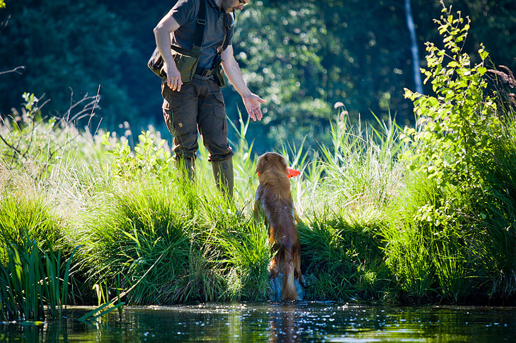 Edison steigt mit einem Dummy im Fang am Ufer aus dem Wasser, Stephan streckt seine Hand aus